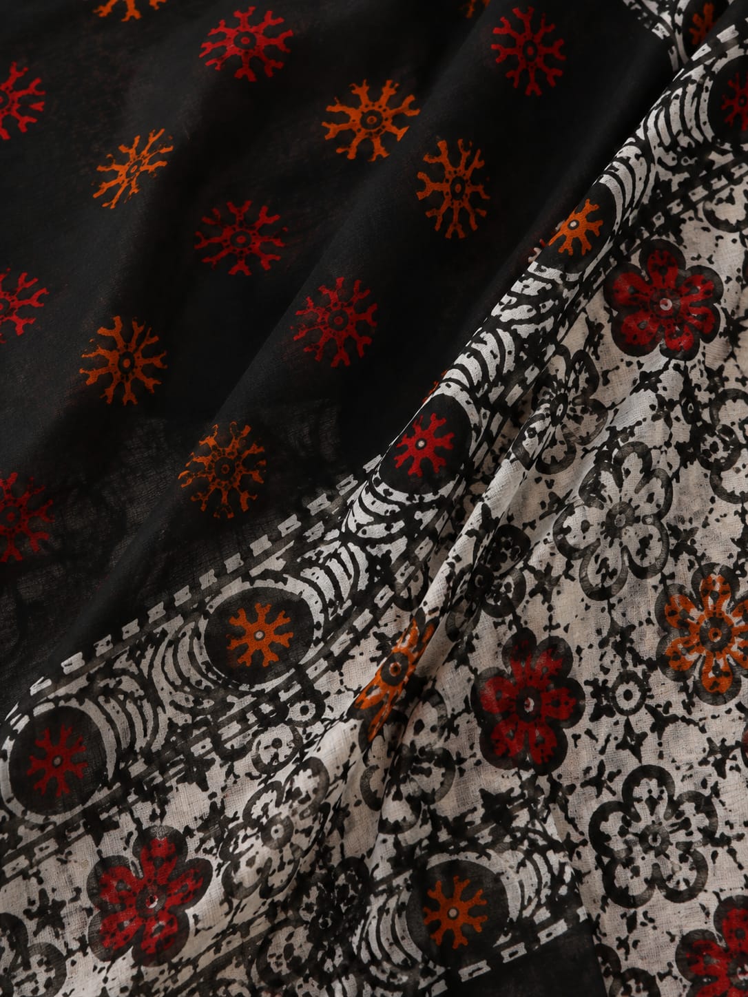 Black Floral Bagru Block Print Pure Mulmul Cotton Saree