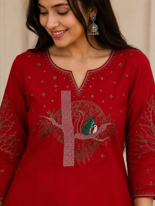 Crimson Bloom Cotton Flex Kurta Pant Set