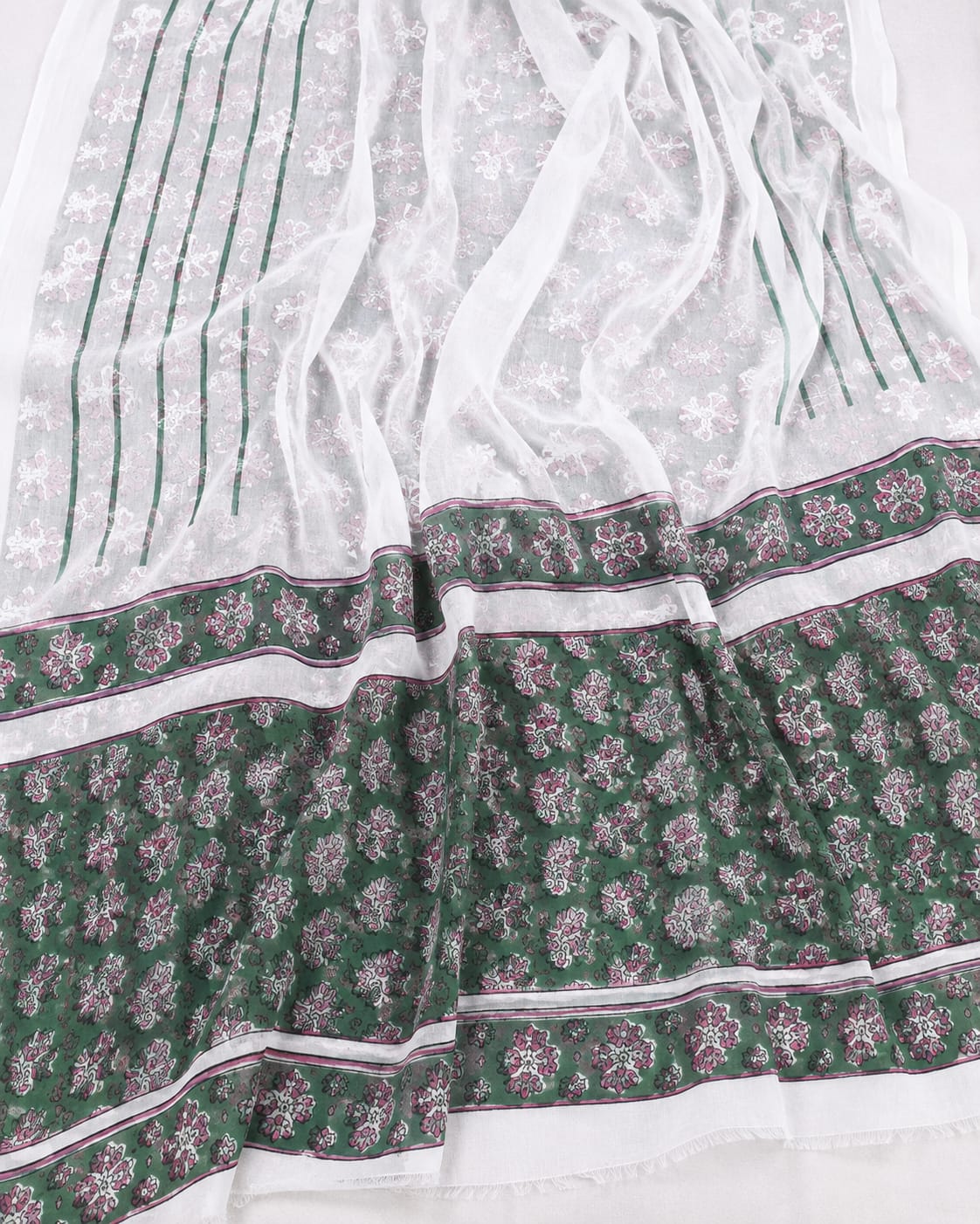 Gulmohar Green Floral Cotton Suit with Chiffon Dupatta