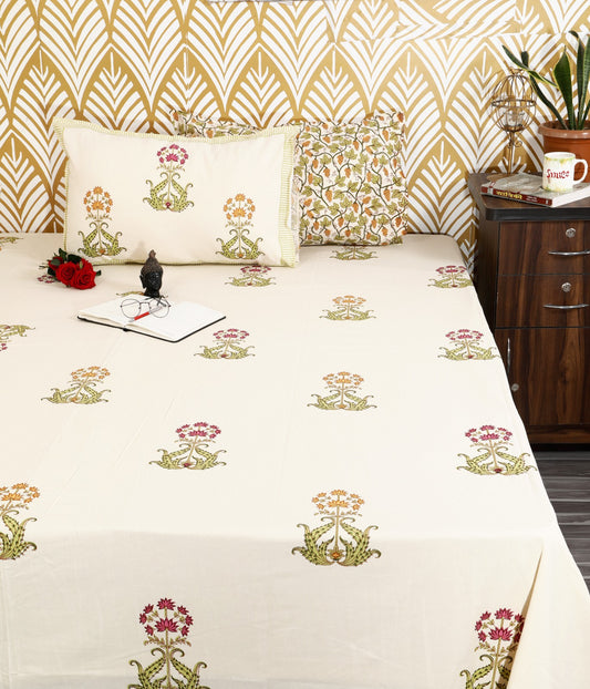 Ivory Blossom Block Print King Size Cotton Bedsheet Set
