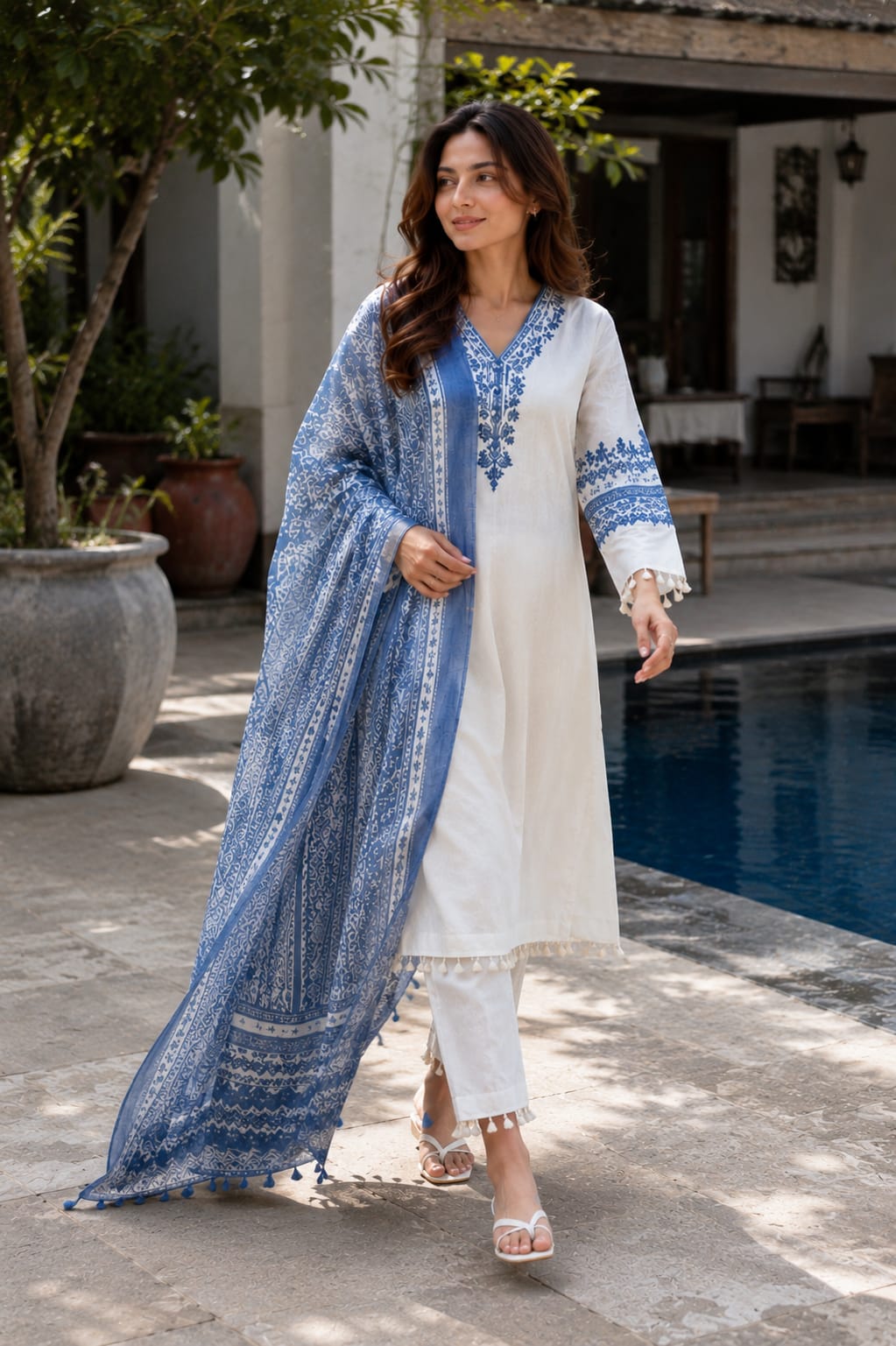 Ivory Blue Meher Katha Cotton Suit Set