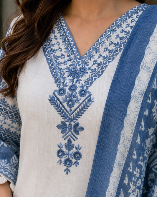 Ivory Blue Meher Katha Cotton Suit Set