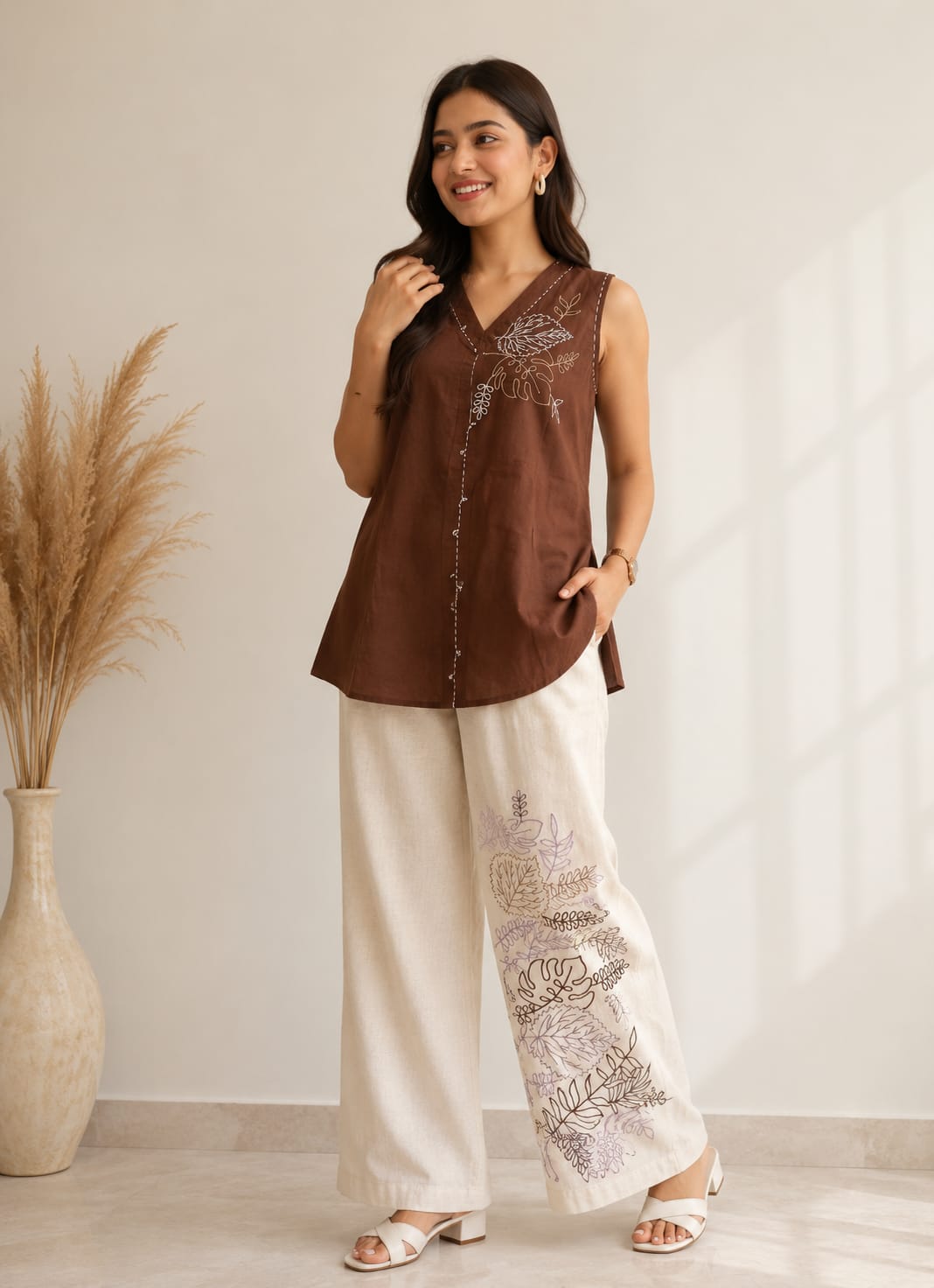 Mocha Bloom Embroidered Co-ord Set