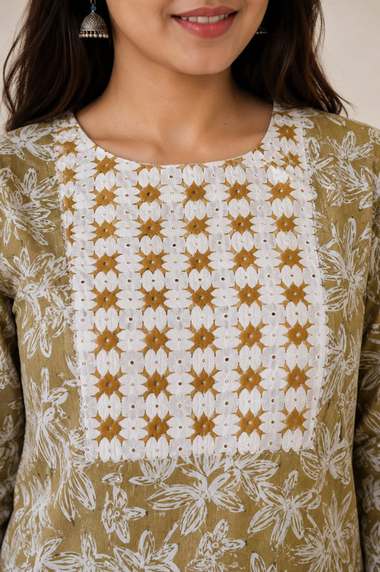 Olive Floral Hand Block Printed Cotton Kurti Pant Set