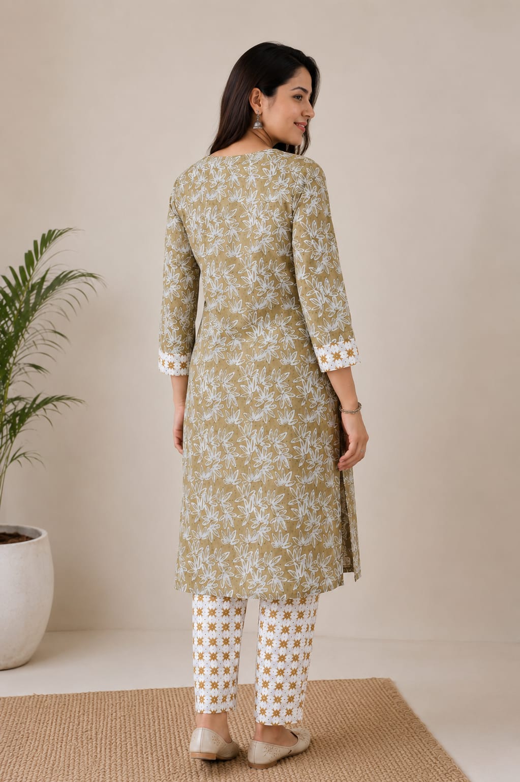 Olive Floral Hand Block Printed Cotton Kurti Pant Set