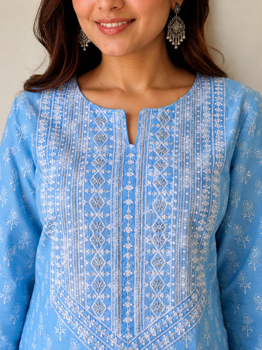 Sky Blue Embroidered Cotton Kurta Pant Set