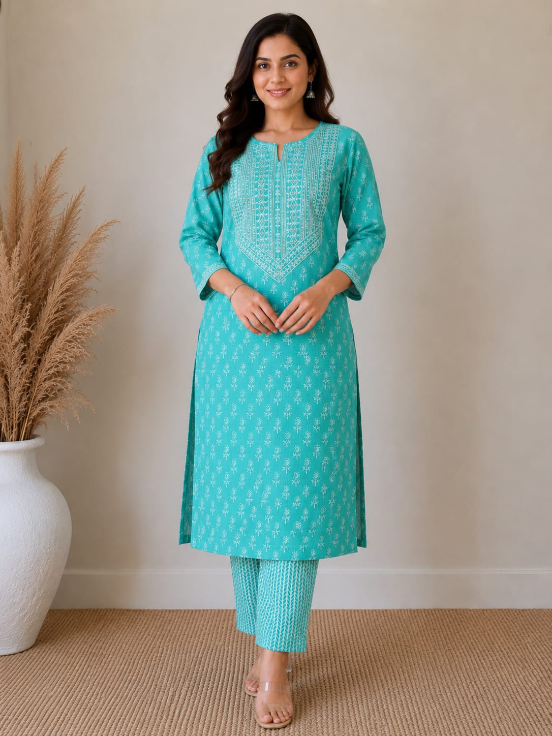 Aqua Blue Embroidered Cotton Kurta Pant Set