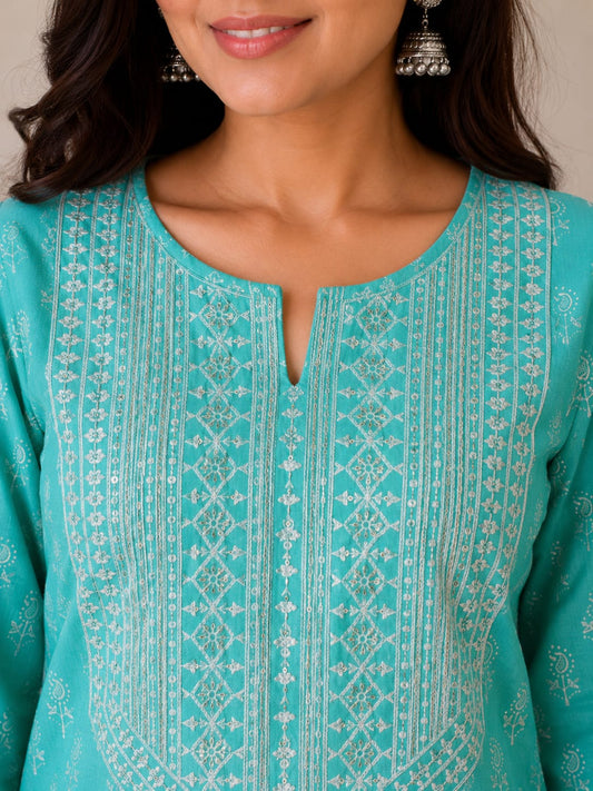 Aqua Blue Embroidered Cotton Kurta Pant Set