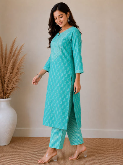 Aqua Blue Embroidered Cotton Kurta Pant Set