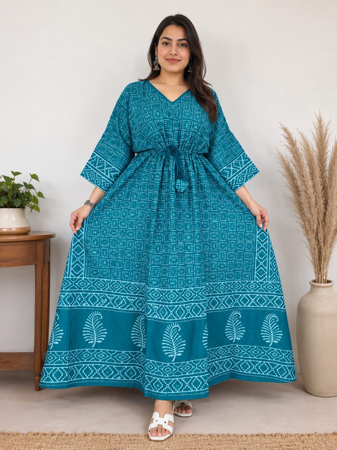 Azure Hand Block Cotton Kaftan