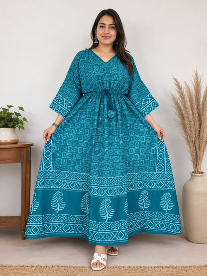 Azure Hand Block Cotton Kaftan