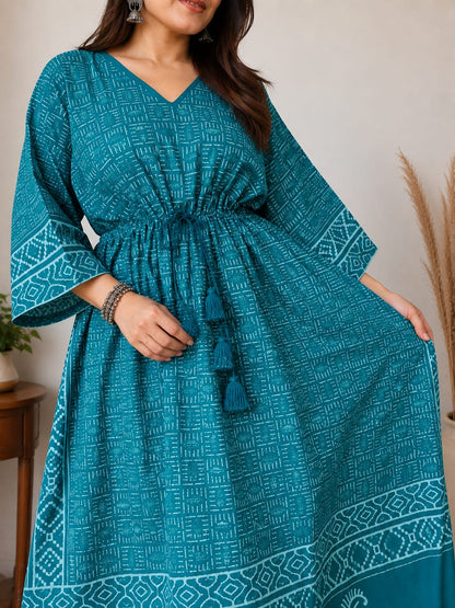 Azure Hand Block Cotton Kaftan