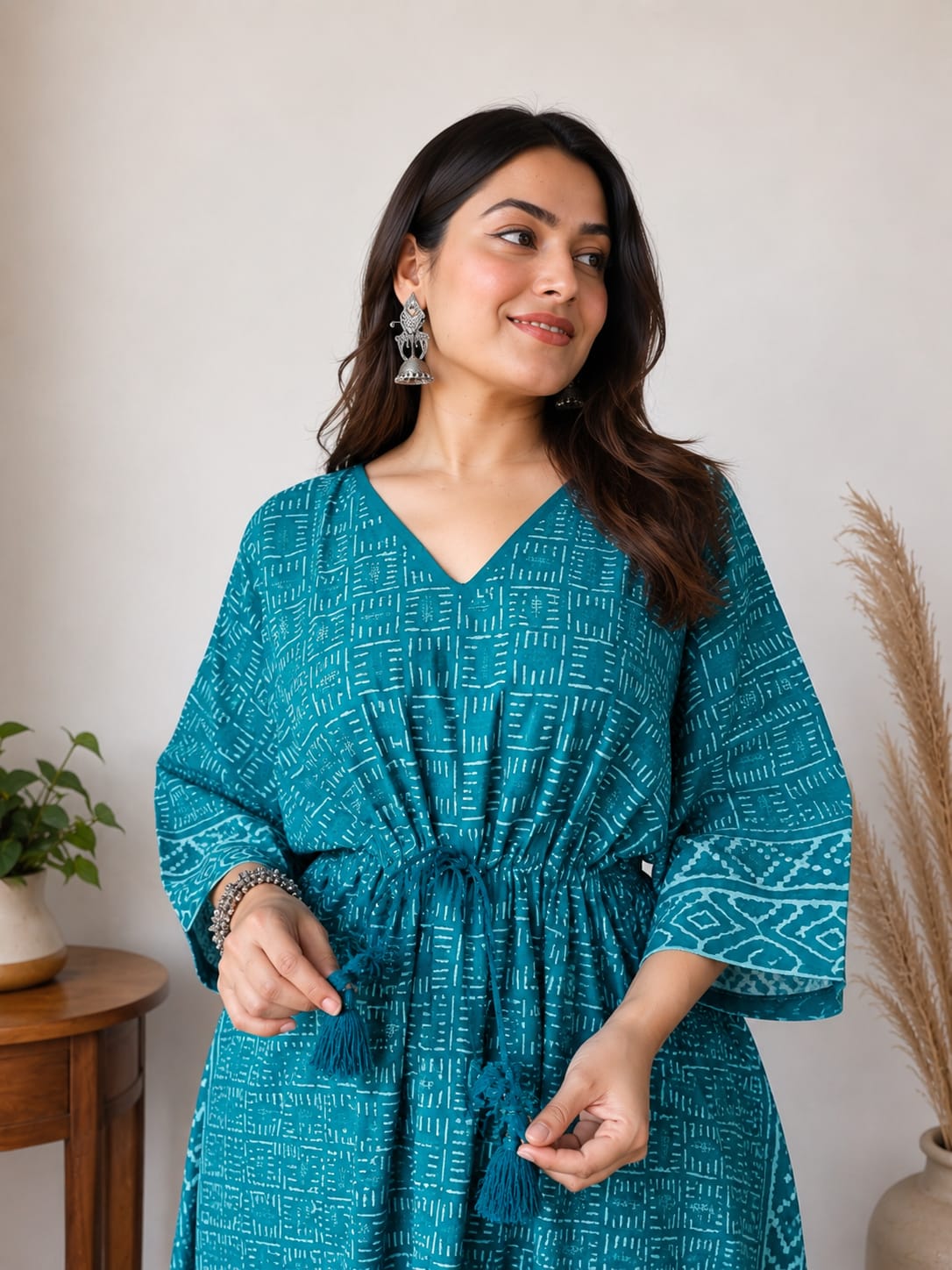 Azure Hand Block Cotton Kaftan