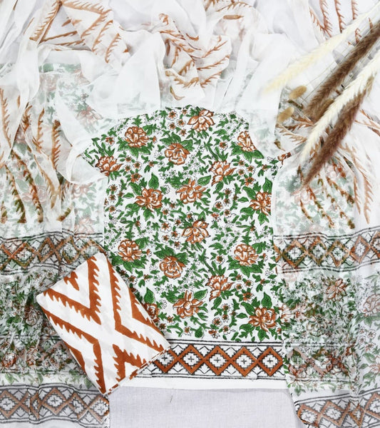 Bagru Bloom Cotton Suit with Chiffon Dupatta