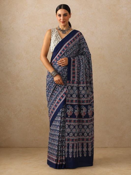 Bagru Indigo Floral Block Print Pure Mulmul Cotton Sare