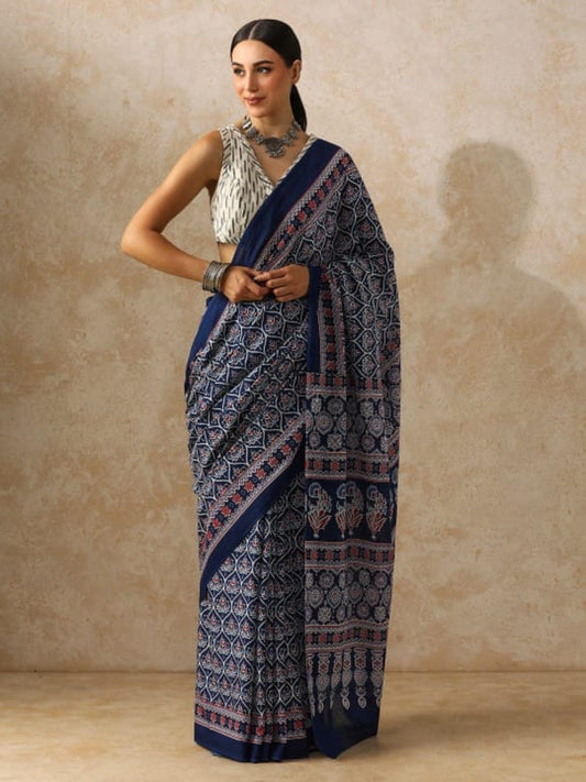 Bagru Indigo Floral Block Print Pure Mulmul Cotton Sare