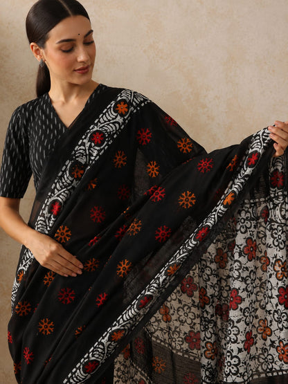 Black Floral Bagru Block Print Pure Mulmul Cotton Saree