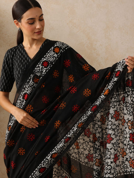 Black Floral Bagru Block Print Pure Mulmul Cotton Saree