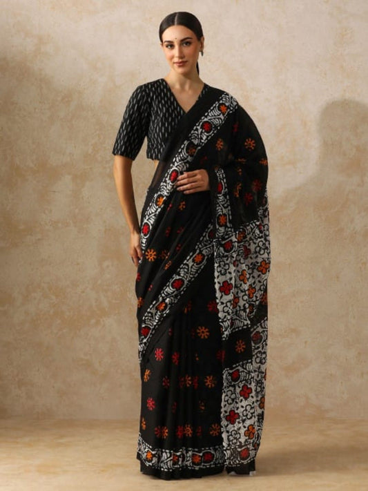 Black Floral Bagru Block Print Pure Mulmul Cotton Saree