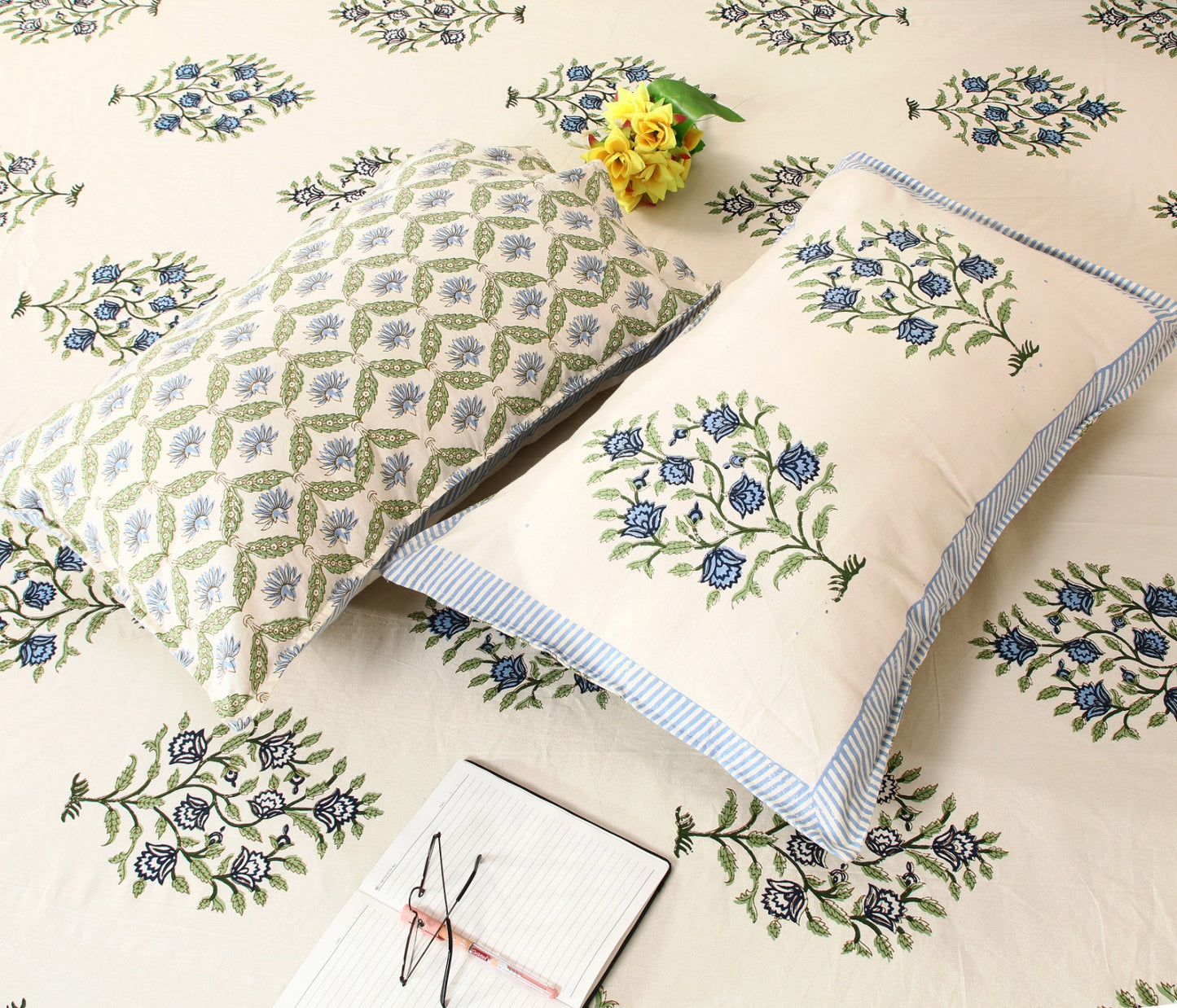 Blue Blossom Block Print King Size Cotton Bedsheet Set