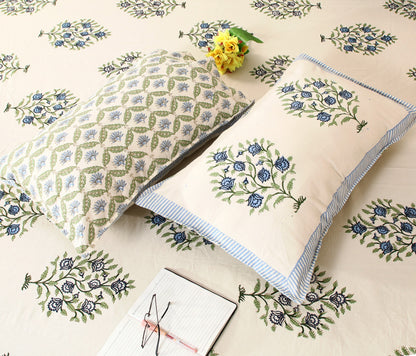 Blue Blossom Block Print King Size Cotton Bedsheet Set