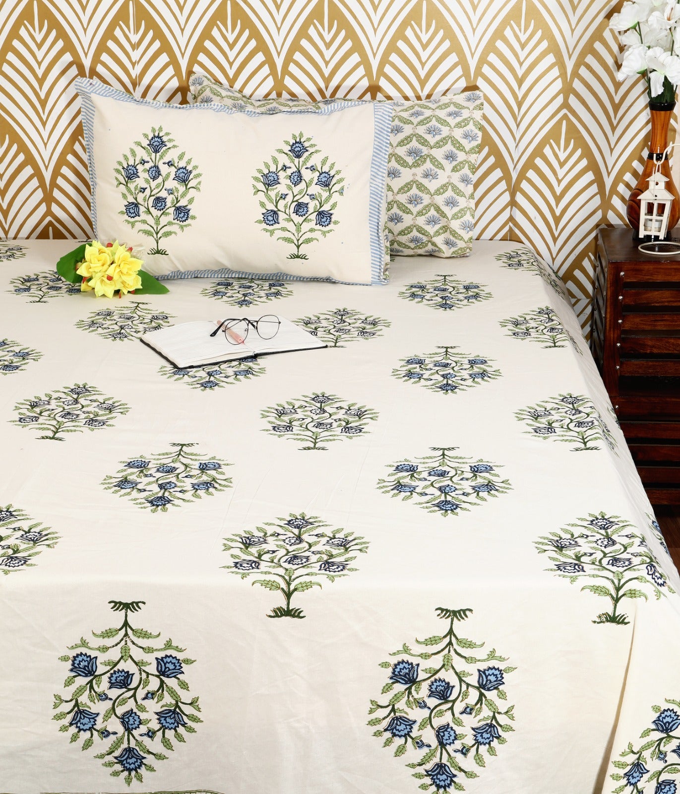 Blue Blossom Block Print King Size Cotton Bedsheet Set