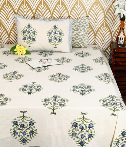Blue Blossom Block Print King Size Cotton Bedsheet Set