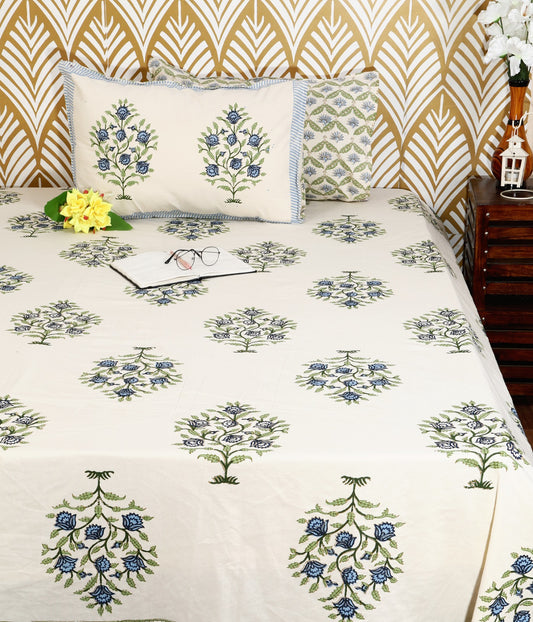 Blue Blossom Block Print King Size Cotton Bedsheet Set
