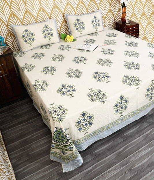 Blue Blossom Block Print King Size Cotton Bedsheet Set