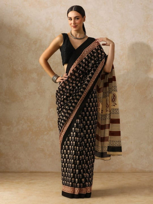 Classic Black Bagru Heritage Mulmul Cotton Saree