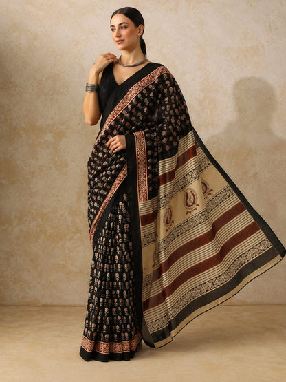 Classic Black Bagru Heritage Mulmul Cotton Saree