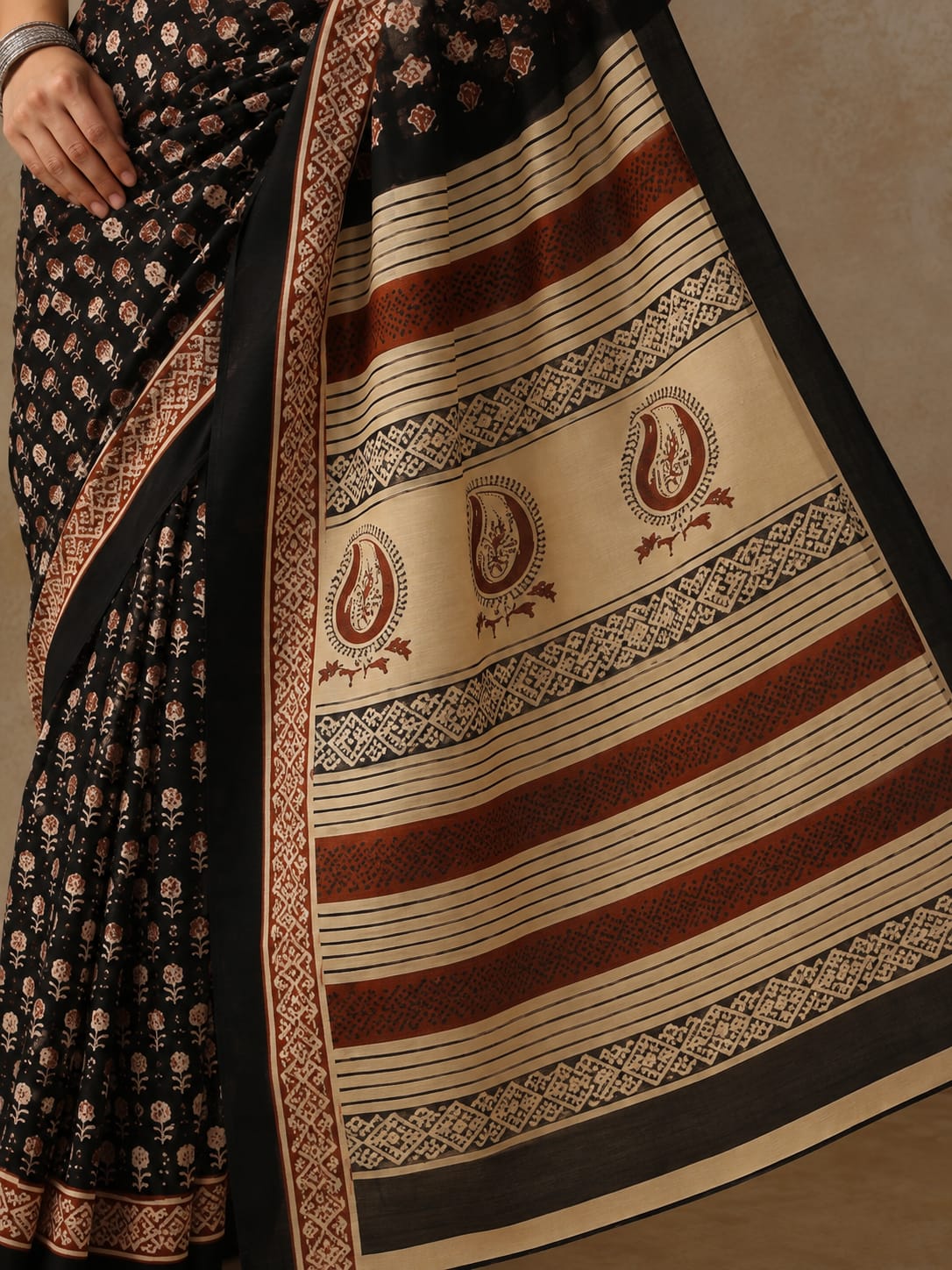 Classic Black Bagru Heritage Mulmul Cotton Saree