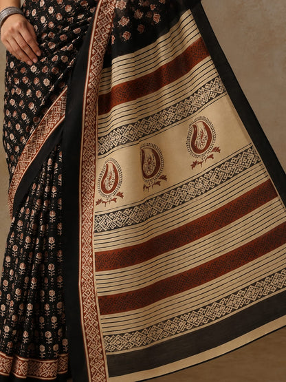 Classic Black Bagru Heritage Mulmul Cotton Saree