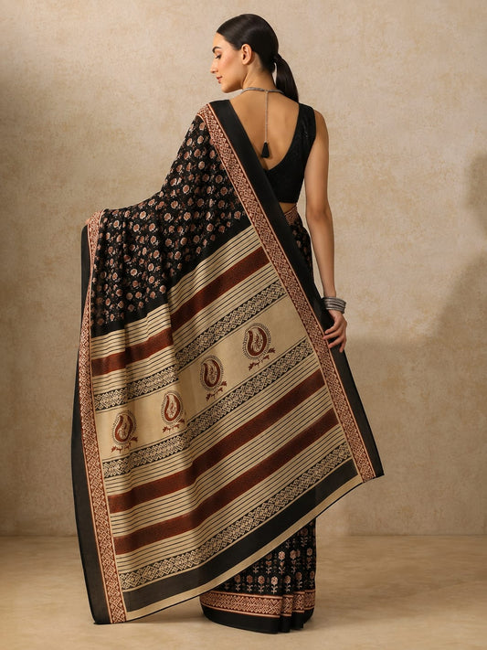 Classic Black Bagru Heritage Mulmul Cotton Saree