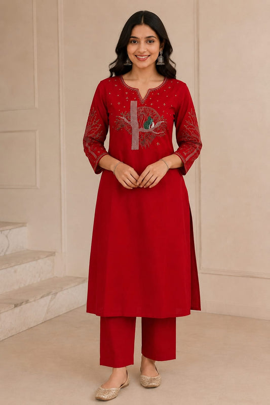 Crimson Bloom Cotton Flex Kurta Pant Set