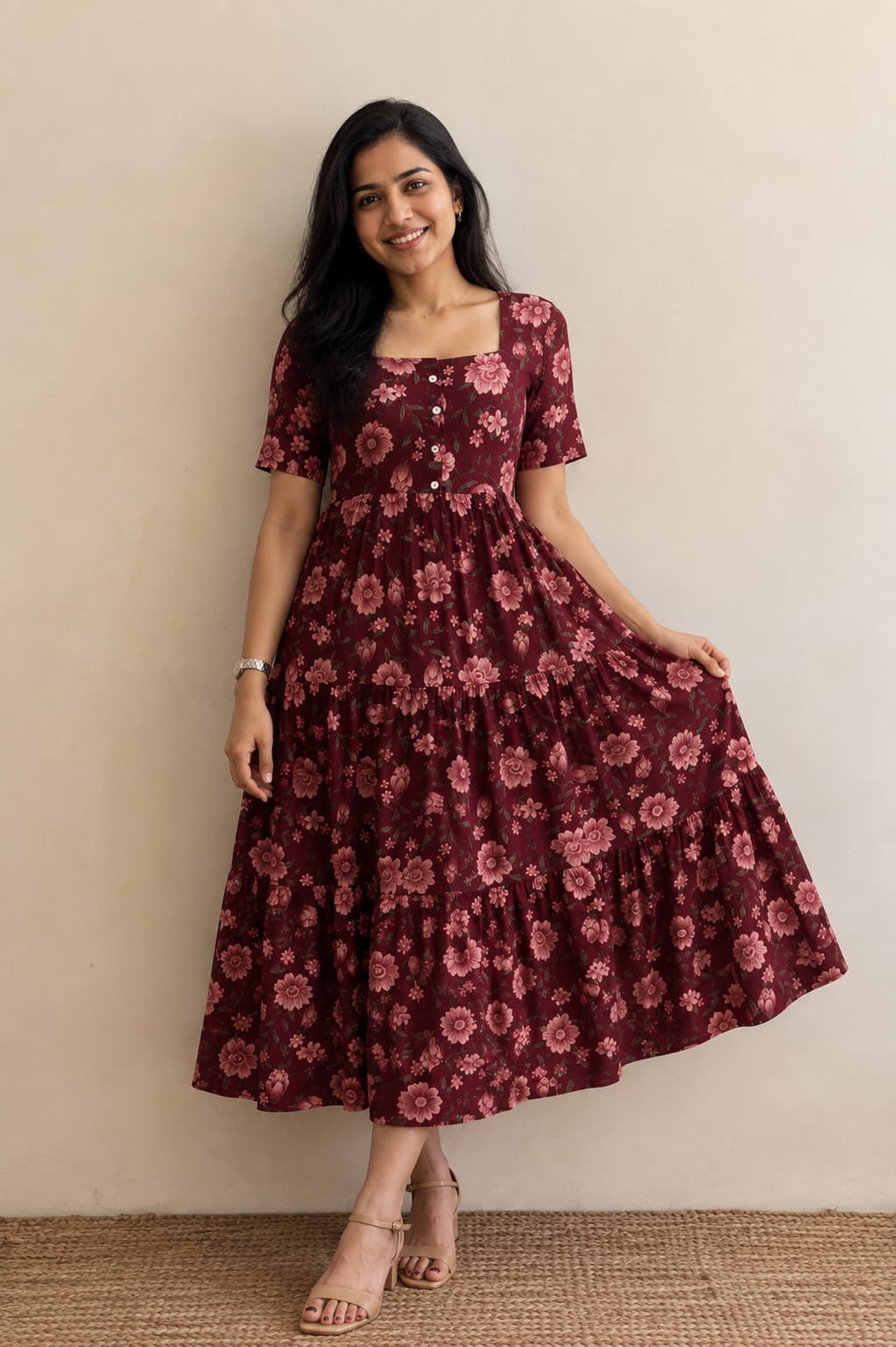 Crimson Blossom Midi Dress