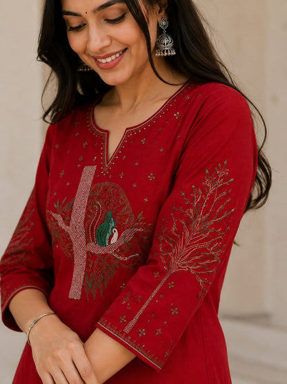 Crimson Bloom Cotton Flex Kurta Pant Set