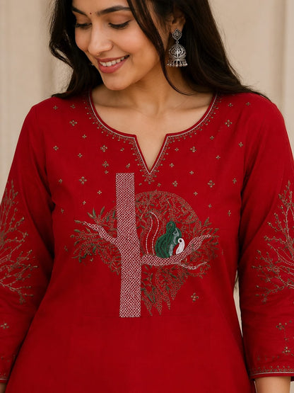Crimson Bloom Cotton Flex Kurta Pant Set