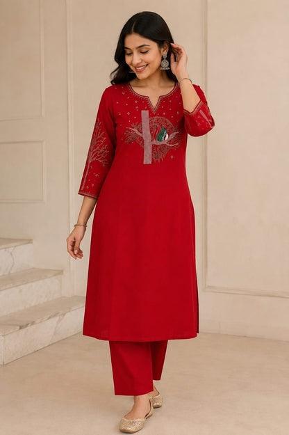 Crimson Bloom Cotton Flex Kurta Pant Set