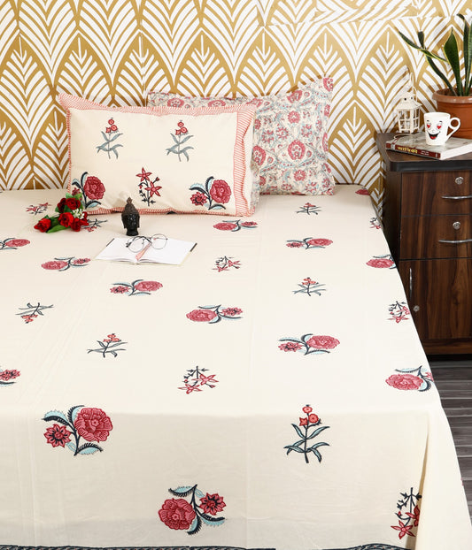Floral Heritage Block Print King Size Cotton Bedsheet Set
