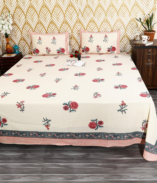 Floral Heritage Block Print King Size Cotton Bedsheet Set