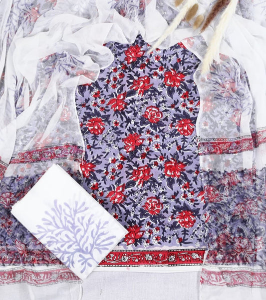Gulab Rang Floral Cotton Suit with Chiffon Dupatta