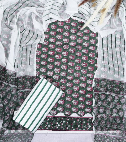 Gulmohar Green Floral Cotton Suit with Chiffon Dupatta