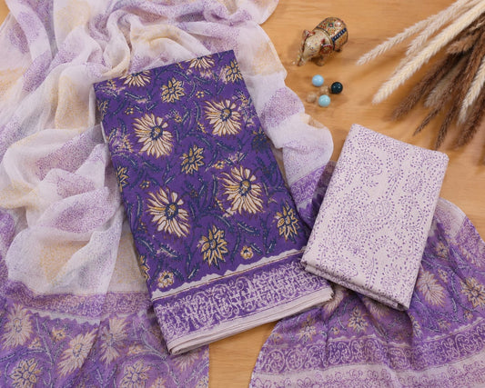 Purple Floral Cotton Suit with Chiffon Dupatta