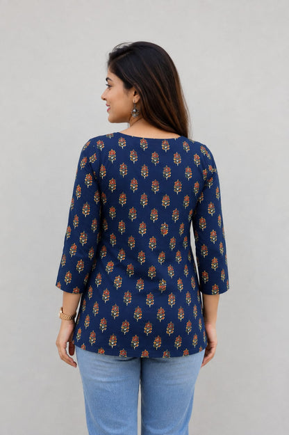 Indigo Blossom Pure Cotton Printed Short Kurti