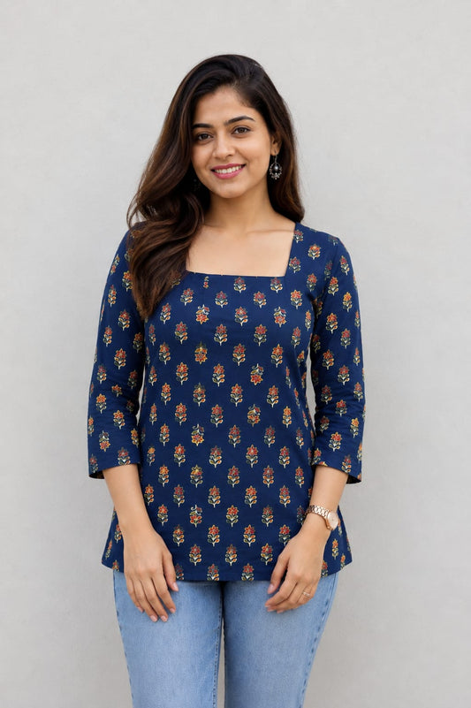 Indigo Blossom Pure Cotton Printed Short Kurti