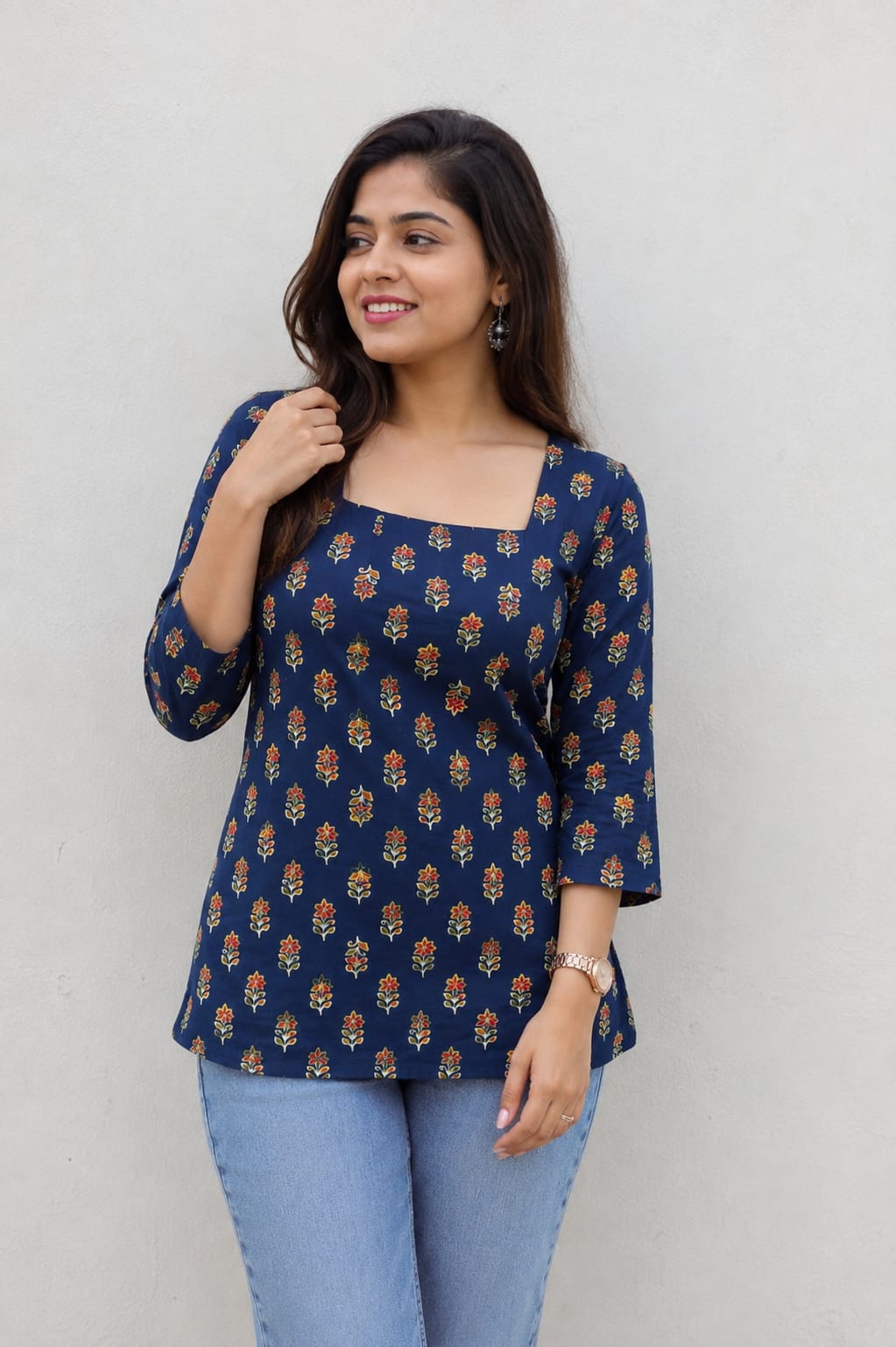 Indigo Blossom Pure Cotton Printed Short Kurti