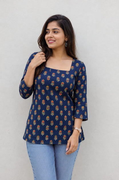 Indigo Blossom Pure Cotton Printed Short Kurti