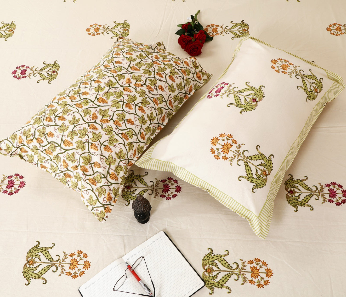 Ivory Blossom Block Print King Size Cotton Bedsheet Set