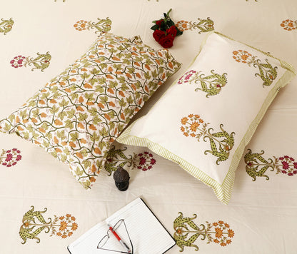 Ivory Blossom Block Print King Size Cotton Bedsheet Set
